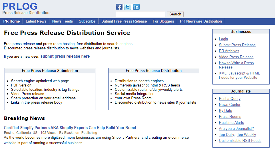 PR Log Press Release Distribution Service